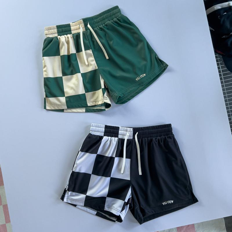 [Kill Crew] Muay Thai Shorts Checker - Green   Cream, Unisex, Mid Thigh Cut, Pockets, Gym Shorts, Elastic Waistband, Long drawcord with wax tips