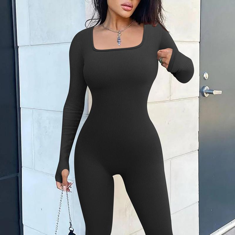 OEAK Women Long Sleeve Square Neck Yoga Jumpsuits Workout Playsuit Ribbed Bodycon Slim Fit Sport Romper