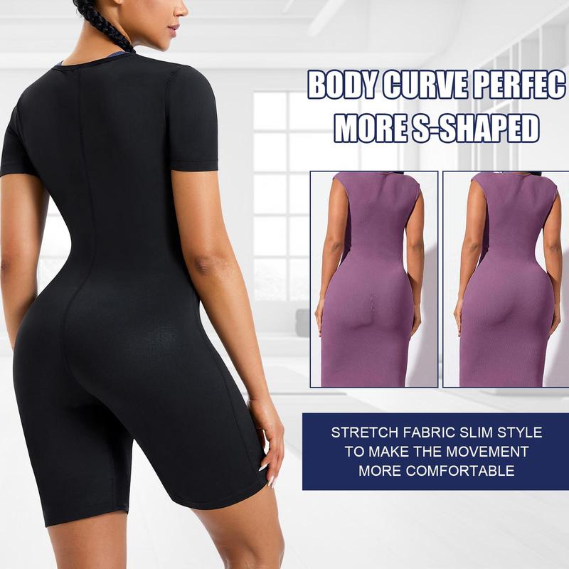 Women's Solid Zipper Front Sports Romper, Sporty Comfy Tummy Control Shaper, Ladies Sportswear for Indoor Outdoor Wear