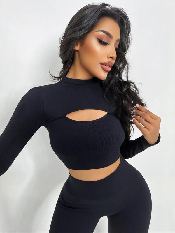 Two-Piece Set Women's Solid Cut Out Crop Top & High Waist Leggings Tracksuit Set, Long Sleeve Mock Neck Top & High Stretch Yoga Pants, Jogging Suit Set, Ladies Sportswear Clothing, Workout Sets Women