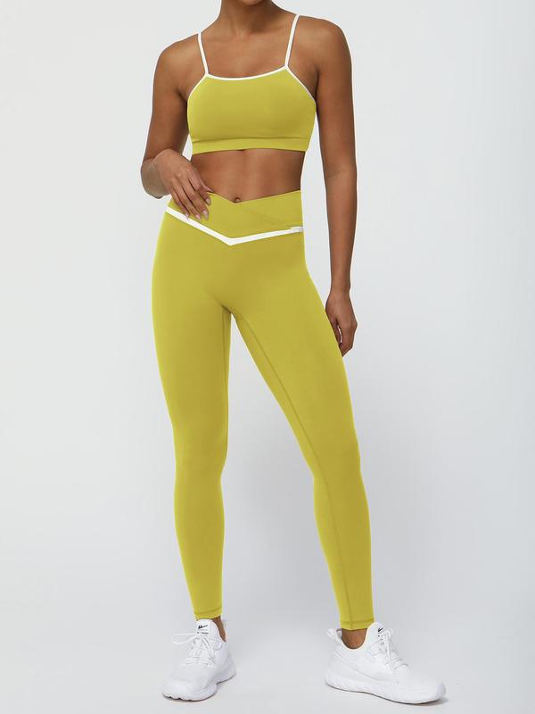 Two-Piece Set Women's Contrast Binding Crop Tank Top & High Waist Leggings Tracksuit Set, Sporty Casual Breathable Outfits for Yoga Gym Workout Running, Ladies Sportswear for All Seasons