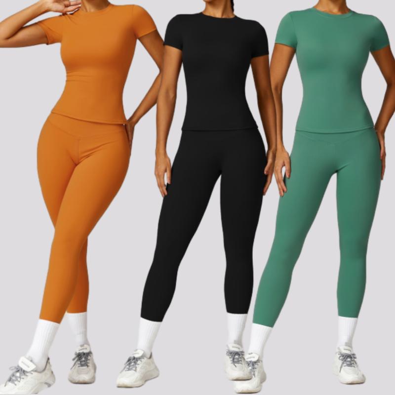 Women's Plain Color Sports Set, Short Sleeve T-shirt and High Waist Leggings Tracksuit for Yoga Gym Workout - Round Neck, Womenswear