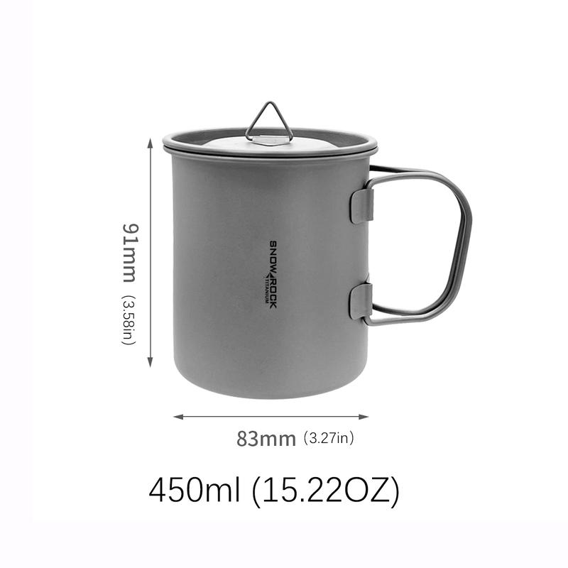 SNOW ROCK Titanium Camping Mug with Lid 450ML(15.21OZ) - Portable,Foldable Handle, BPA PVC BPS BPF-Free -Single Pure Titanium ,Coffee Cup for Hiking,Travel outdoor camping