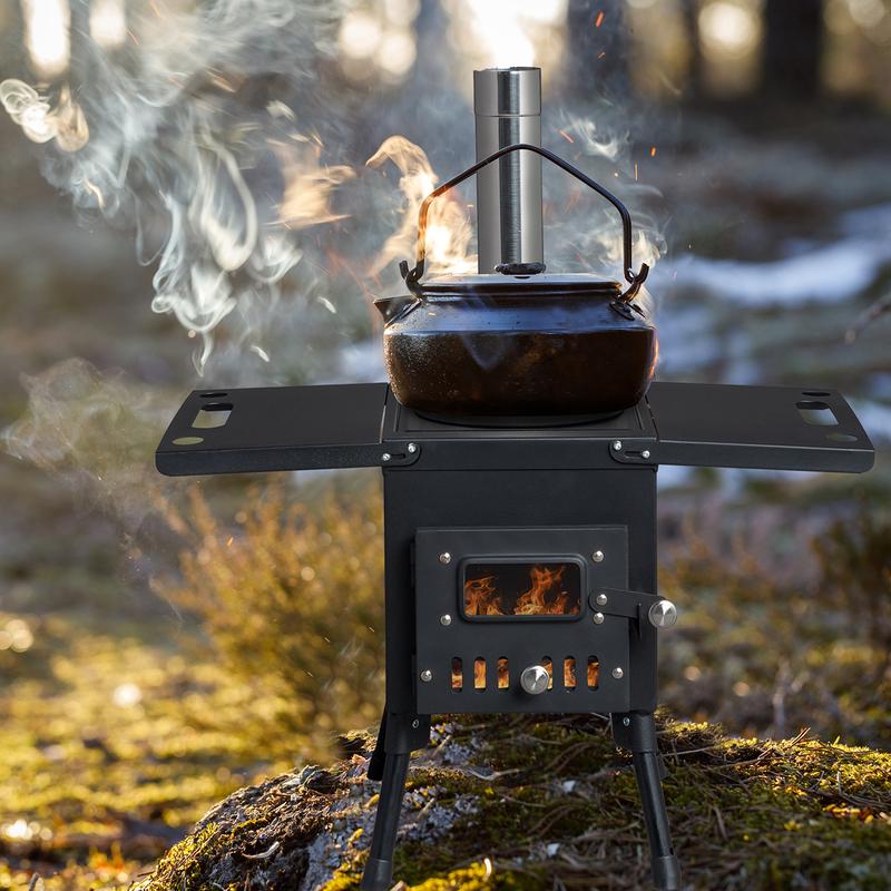 Camping Wood Burning Stove Portable Cast Iron Wood Stove with Stainless Chimney Pipes Foldable Tent Stove for Outdoor Cooking Heating with Wood Hook and Gloves, normal, black