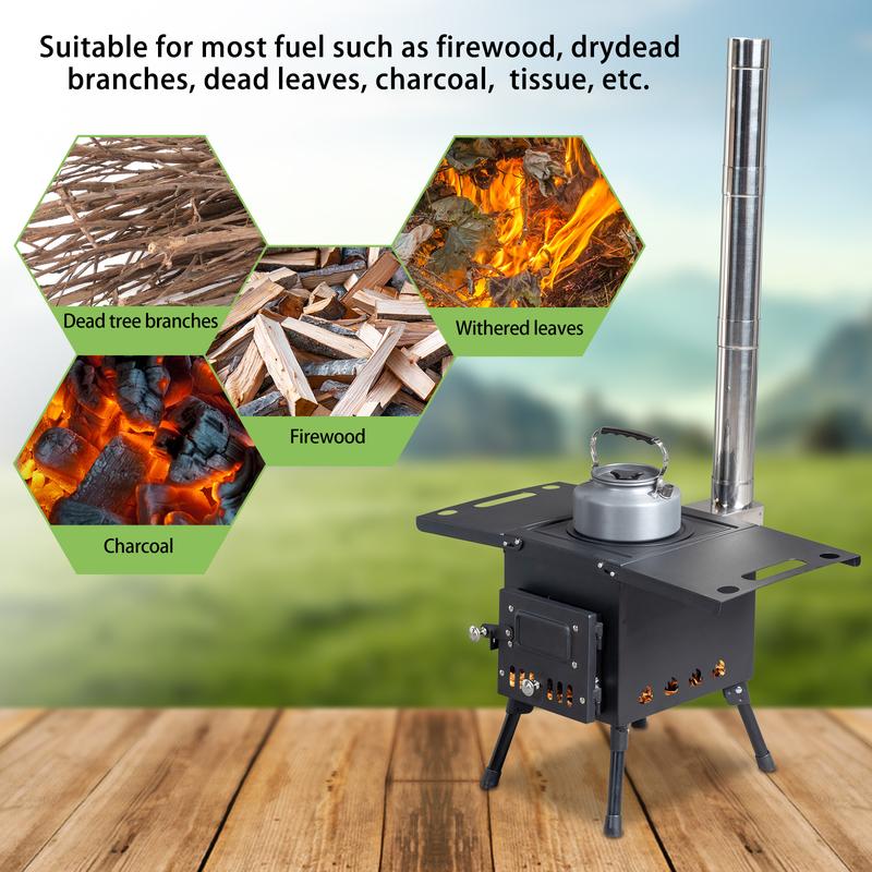 Camping Wood Burning Stove Portable Cast Iron Wood Stove with Stainless Chimney Pipes Foldable Tent Stove for Outdoor Cooking Heating with Wood Hook and Gloves, normal, black