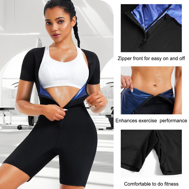 NEBILITY Women's Sauna Wear 2024 Simple Sports Jumpsuit, Summer Clothing, Tight Short Sleeve , Casual One Piece Tummy Control Short Sleeve Shapewear Women's Comfortable Tummy Control Yoga Wear Fitness Jumpsuit, Back to School Wear