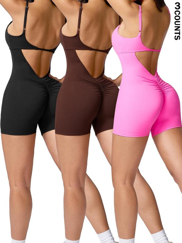 Women's Cut Out Backless Sports Tummy Control Romper, Sporty Ruched Sleeveless Bodycon Romper, Ladies Sportswear for Workout Yoga Fitness, Fall Outfits, Fallfreshness