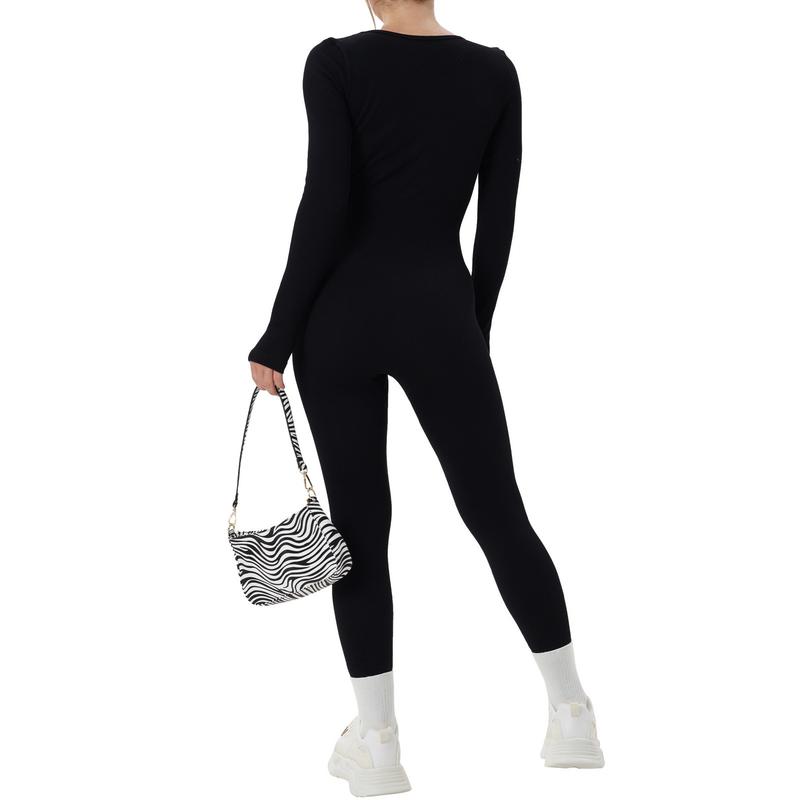 OEAK Women Long Sleeve Square Neck Yoga Jumpsuits Workout Playsuit Ribbed Bodycon Slim Fit Sport Romper