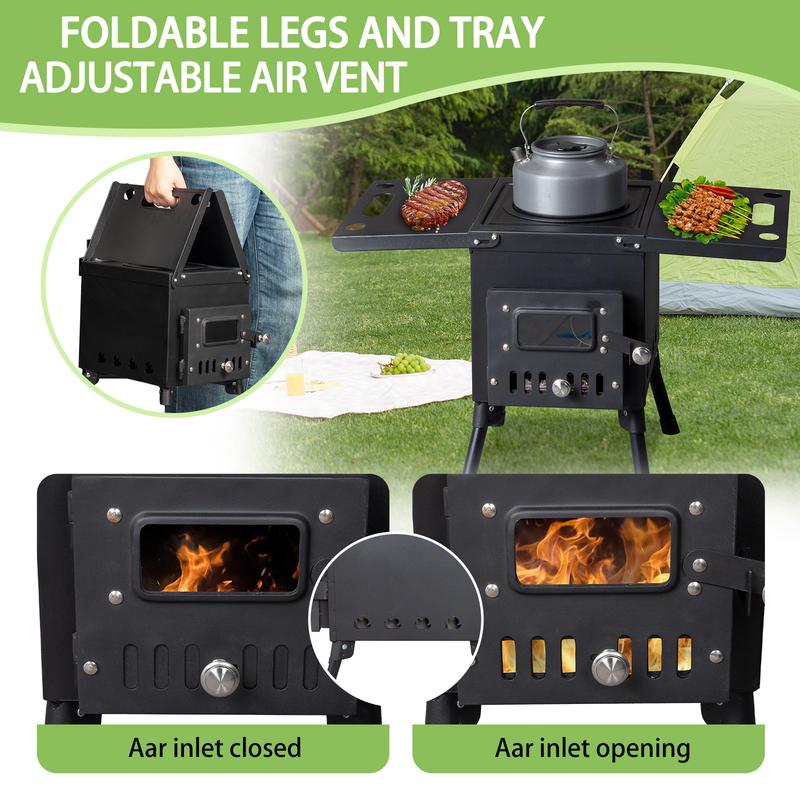 Camping Wood Burning Stove Portable Cast Iron Wood Stove with Stainless Chimney Pipes Foldable Tent Stove for Outdoor Cooking Heating with Wood Hook and Gloves, normal, black