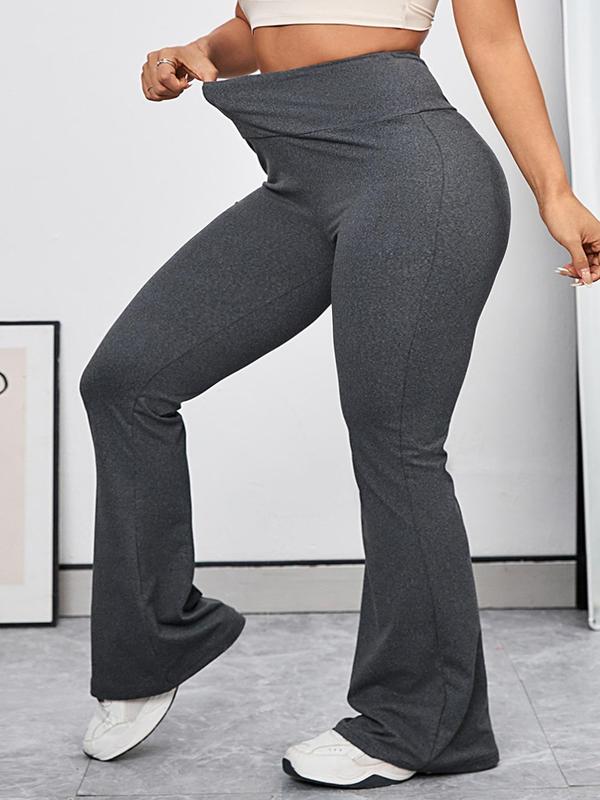 Plus Size Solid High Waist Flare Leg Sports Tummy Control Leggings, Sporty Bell Bottom Pants for Yoga Gym Workout Running, Sports Clothing