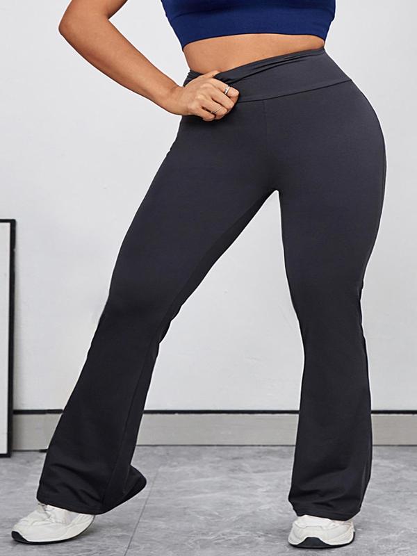 Plus Size Solid High Waist Flare Leg Sports Tummy Control Leggings, Sporty Bell Bottom Pants for Yoga Gym Workout Running, Sports Clothing