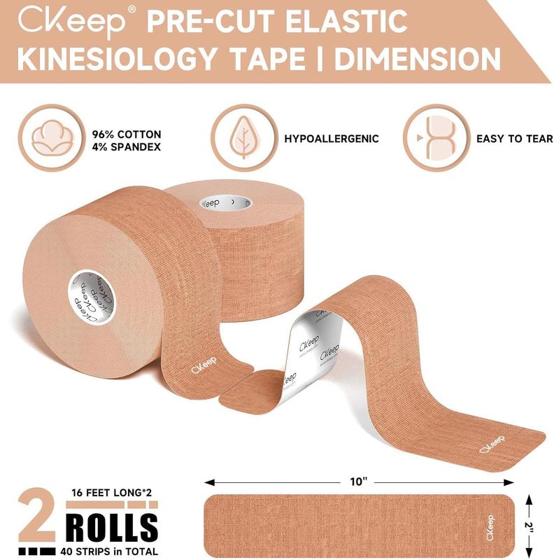 CKeep Precut Athletic Tape (2 Rolls), Original Cotton Elastic Premium Sports Tape, 33 ft, 40 Precut Strips (Beige)