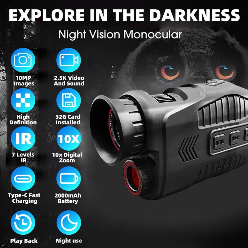 Night Vision Monocular: Capture Stunning HD Photos & Videos with 10X Digital Zoom - Perfect Holiday Gift for Outdoor Enthusiasts, Hunters, and Campers.