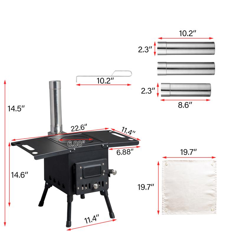 Camping Wood Burning Stove Portable Cast Iron Wood Stove with Stainless Chimney Pipes Foldable Tent Stove for Outdoor Cooking Heating with Wood Hook and Gloves, normal, black