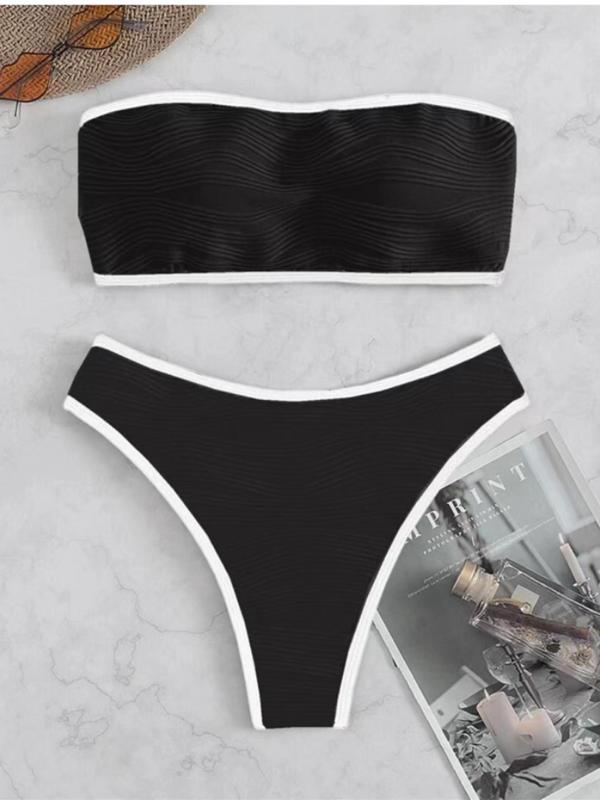 Two-Piece Set Women's Summer Textured Contrast Binding Bikinis Sets, Casual Sleeveless Padded Bandeau Swim Top & High Cut Swim Bottom Swimsuit for Women, Bathing Suits Women