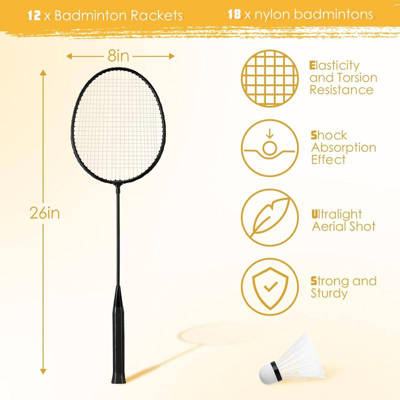 12 Pcs Badminton Rackets with 18 Nylon Badminton, Badminton Racquet Bulk, Shuttle Badminton Set for Adults Teenagers Youth Beginners Advanced Player Backyard Gym Beach Outdoor