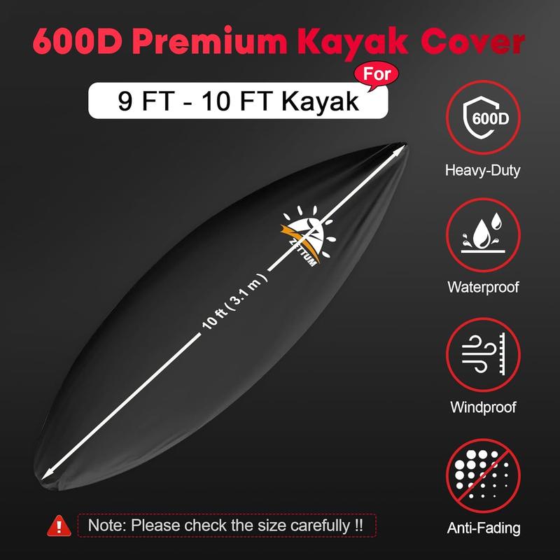 Kayak Cover 10 FT - 600D Kayak Canoe Cover for Outdoor Storage Heavy Duty & Waterproof, Fade-Resistant Kayak Accessory for Canoe, Paddle Board, SUP, and Kayak Boat (Fit 9ft - 10ft Kayak)