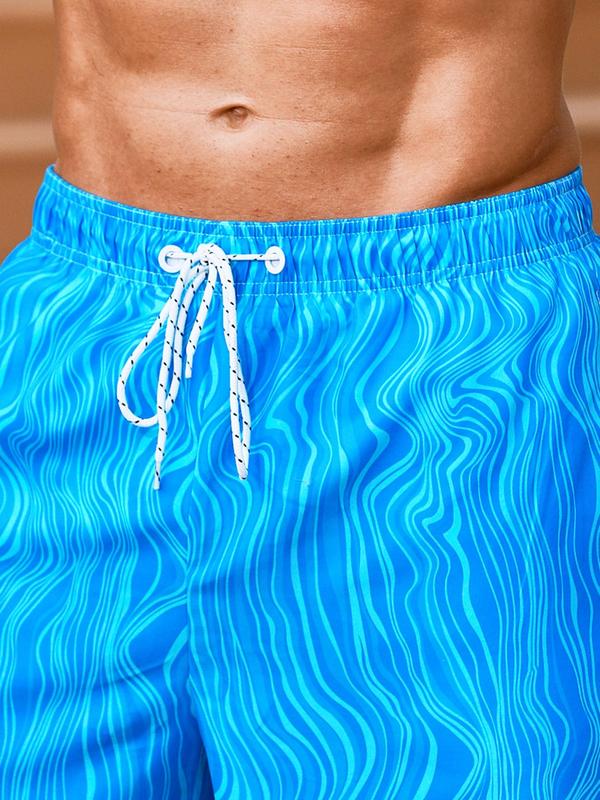 Men Swim Trunks, Men's Wave Print Drawstring Waist Beach Shorts, Gym Shorts, Regular Fit Casual Comfy Swim Shorts for Beach Holiday Vacation, Men's Beach Shorts