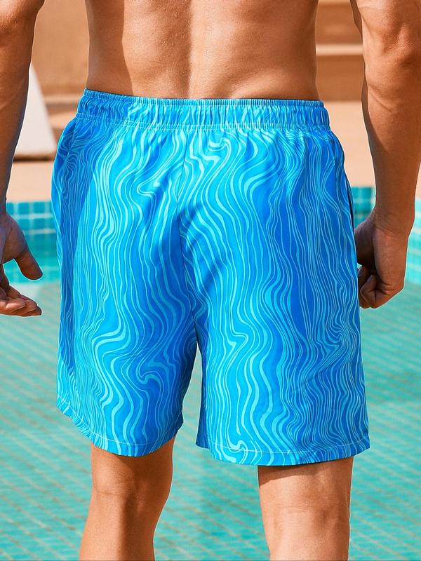 Men Swim Trunks, Men's Wave Print Drawstring Waist Beach Shorts, Gym Shorts, Regular Fit Casual Comfy Swim Shorts for Beach Holiday Vacation, Men's Beach Shorts