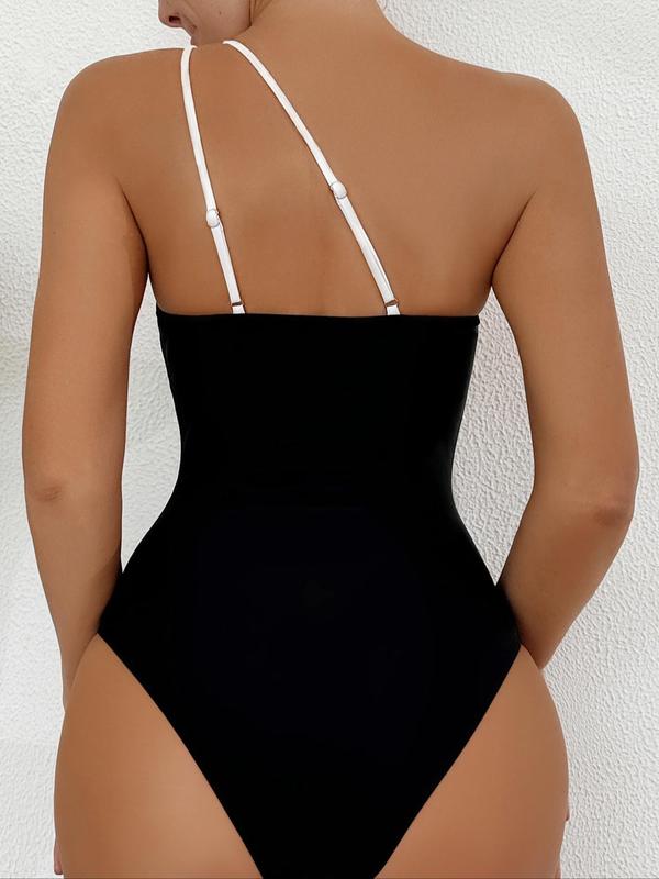 Women's Colorblock One Shoulder Contrast Mesh Swimsuit, Casual Asymmetrical One Piece Swimwear for Summer, Ladies Swimsuit for Beach Holiday Vacation