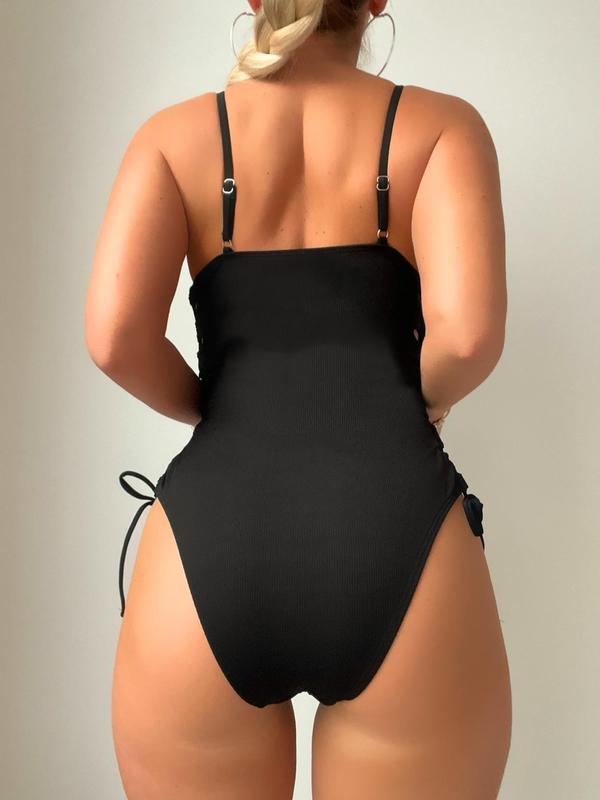 Women's Solid Lace Up Backless One-piece Swimsuit, Adjustable Strap Drawstring High Cut Swimwear for Summer, Ladies Swimsuit for Beach Holiday Vacation