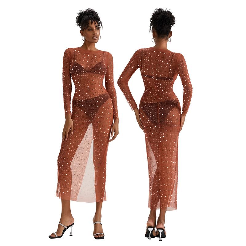 Women's Pearl Rhinestone Cover Up Dress See Through Sheer Long Maxi Dresses Beach Swimwear Bikini Cover Ups