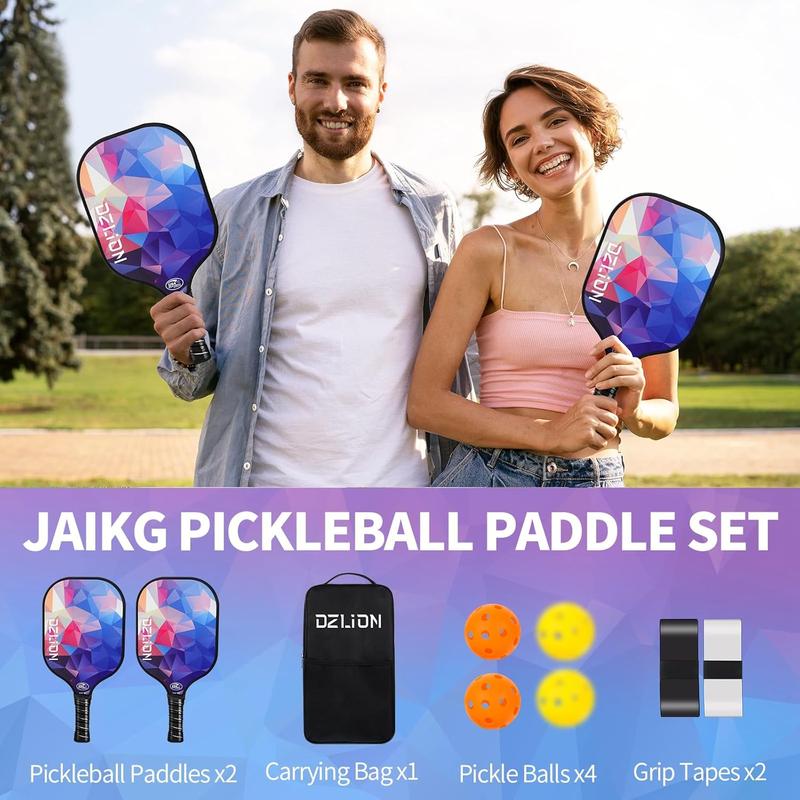 HZB Pickleball Paddles Set of 2, Fiberglass Pickleball Paddles with 4 Pickleball Balls, 1 Carry Bag Lightweight Pickle Ball Rackets