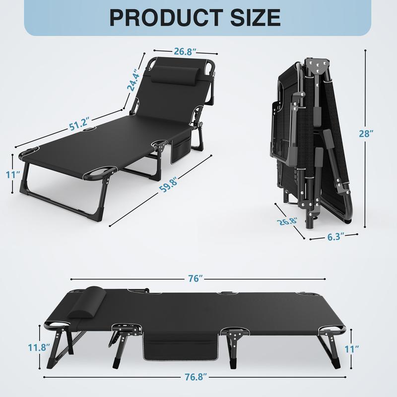 Folding Camping Cot with 5-Position, Foldable Lounge Chair for Outdoor, Portable Sleeping Cot with Mattress and Pillow, Camp Cot with Carry Bag for Home, Travel, Pool, Vacation, 500LBS