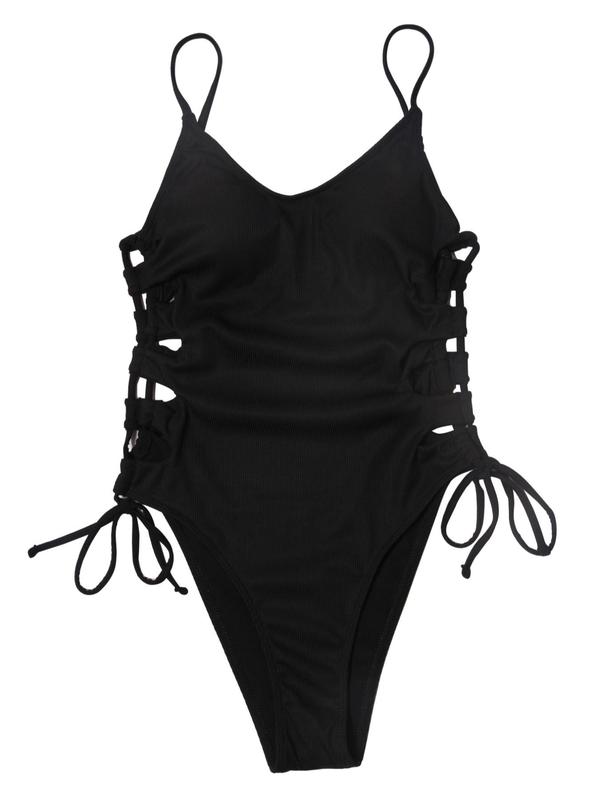 Women's Solid Lace Up Backless One-piece Swimsuit, Adjustable Strap Drawstring High Cut Swimwear for Summer, Ladies Swimsuit for Beach Holiday Vacation