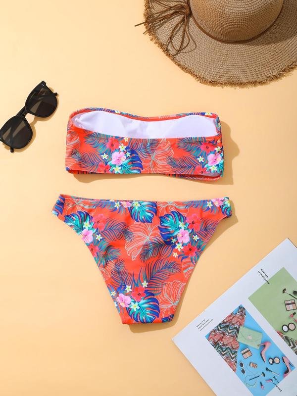 Two-Piece Set Women's Floral Print Bikini Set, Casual Fashion Chic Wireless Swim Bra & High Cut Swim Bottom, Ladies Summer Swimwear for Beach Holiday Vacation