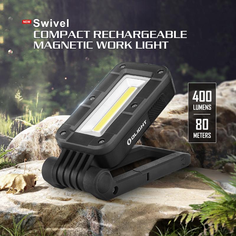 OLIGHT Swivel 400 Lumens LED Compact Rechargeable Magnetic COB Work Light, Adjustable Stand with Magnetic Base and Hanging Hook, 90 Hours Lasting Power, Job Site Lighting for Camping (Black)