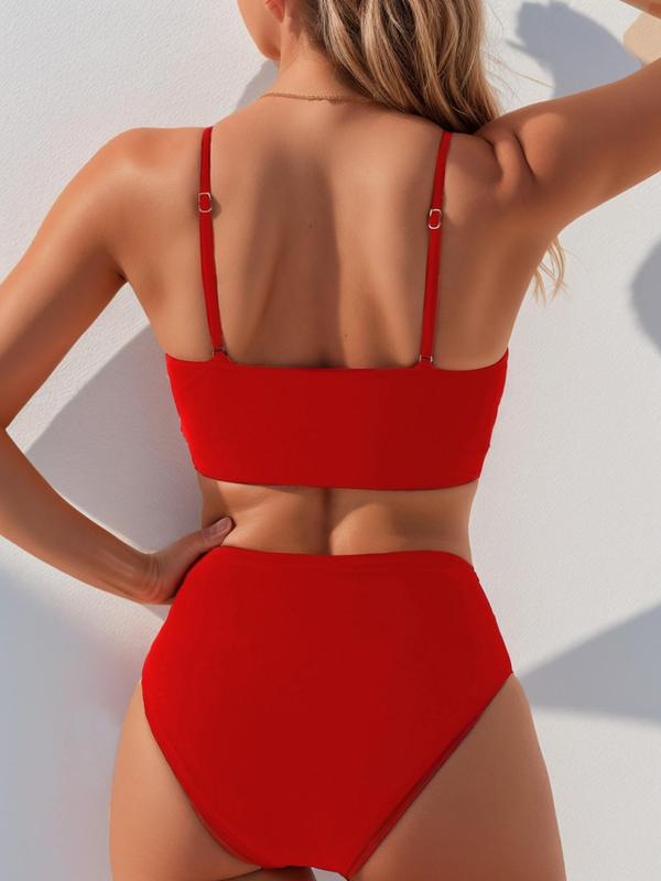 2 Counts Women's Plain Criss Cross Ruched V Neck Bikini Top & Overlap Waist Swim Knicker Swimsuit Set, Solid Color Spaghetti Strap Sleeveless Swim Top & Swim Bottom, Summer Outfits, Bathing Suits Women, Swimsuit for Women, Minimalistic Outfit