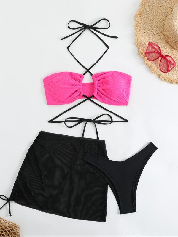 Three-Piece Set Women's Criss Cross Tie Back Bikini Set, Halter Neck Ruched Swim Top & High Cut Swim Panty & Drawstring Skirt Set, Summer Swimsuit Sets, Swimwear Bathing Suits 2024, Back To School Outfits