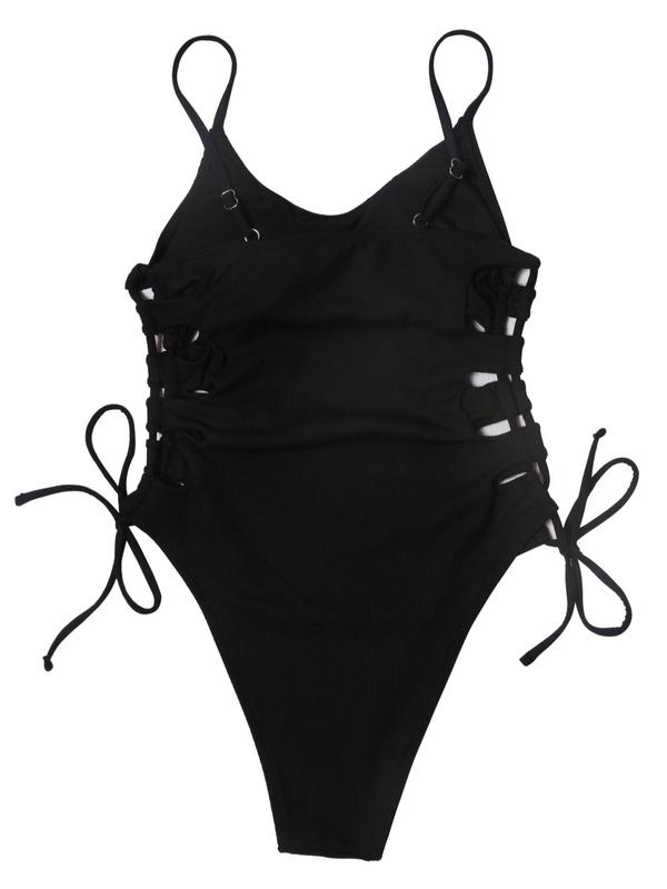 Women's Solid Lace Up Backless One-piece Swimsuit, Adjustable Strap Drawstring High Cut Swimwear for Summer, Ladies Swimsuit for Beach Holiday Vacation